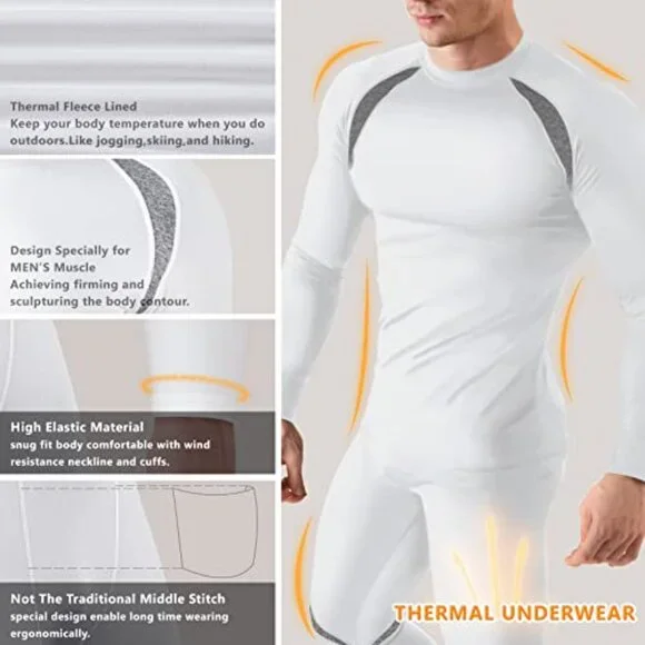 Men's Thermal Base Layer Set Fleece Lined Performance Fit Stretch Activewear